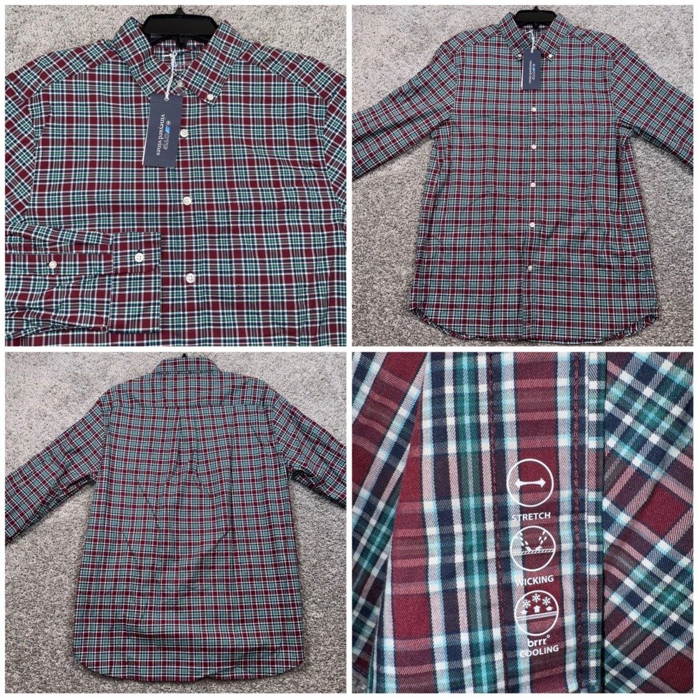 Vineyard Vines OTG Performance Shirt Mens Medium Plaid brrr Cooling Burgundy NEW